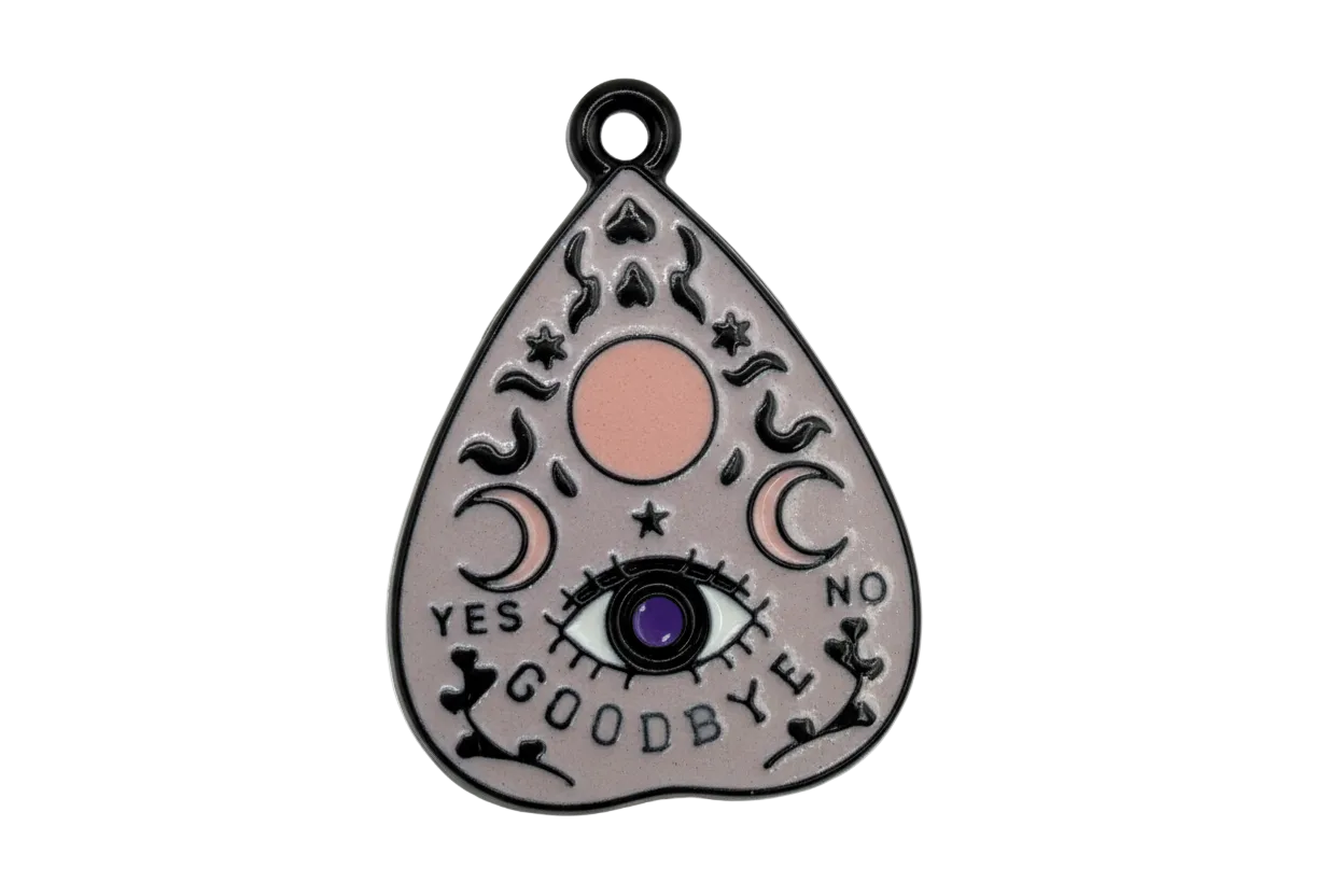 Smoky gray celestial planchette charm with purple gem eye and blush moon details