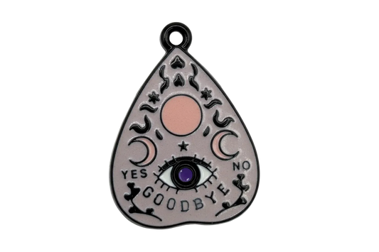 Smoky gray celestial planchette charm with purple gem eye and blush moon details