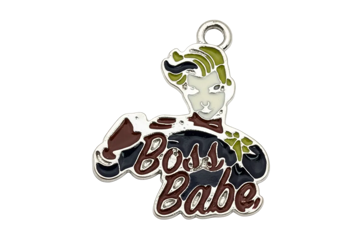 Silver-tone enamel script banner with blonde princess profile in navy, burgundy, ivory, and yellow