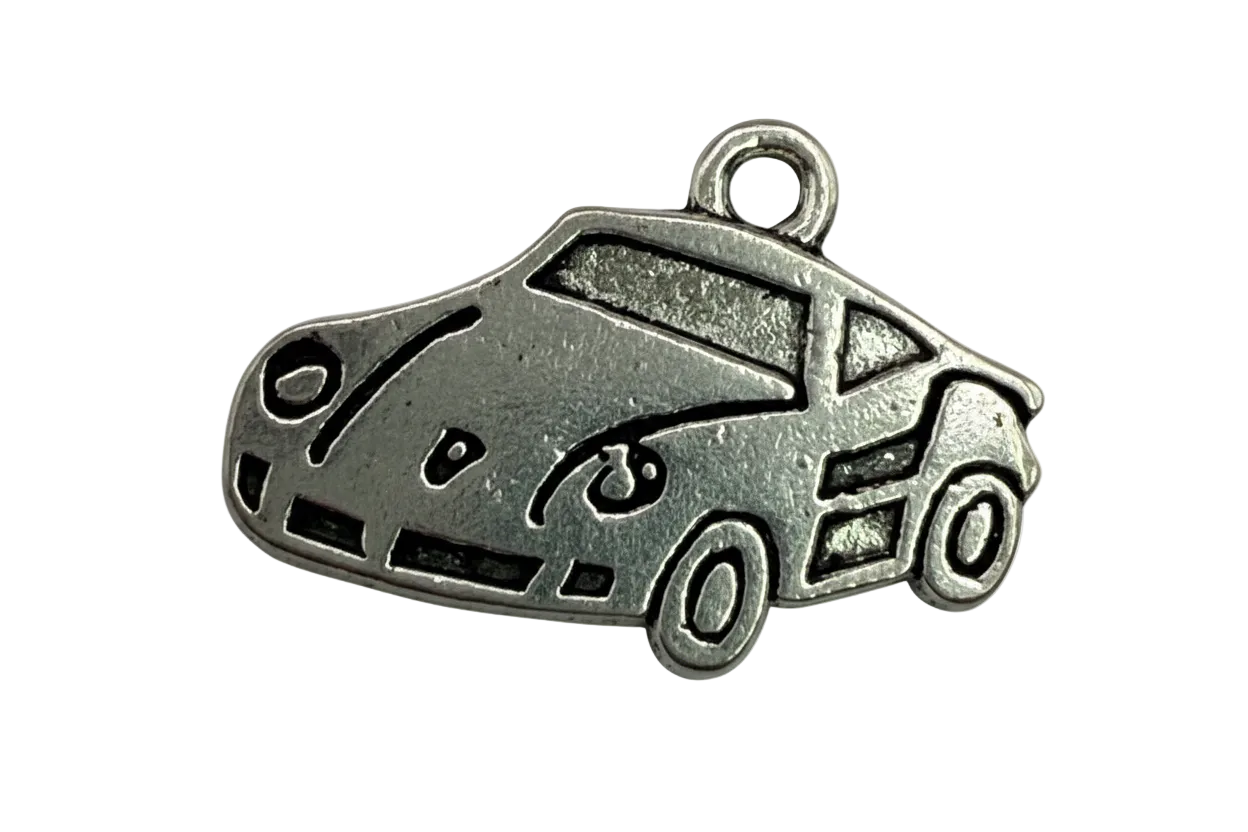 Antiqued silver camper van charm with engraved windows, wheels, and line details