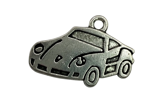 Antiqued silver camper van charm with engraved windows, wheels, and line details