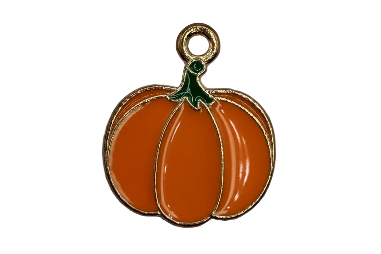 Glossy orange pumpkin enamel charm with green stem and gold outline