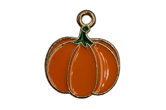 Glossy orange pumpkin enamel charm with green stem and gold outline