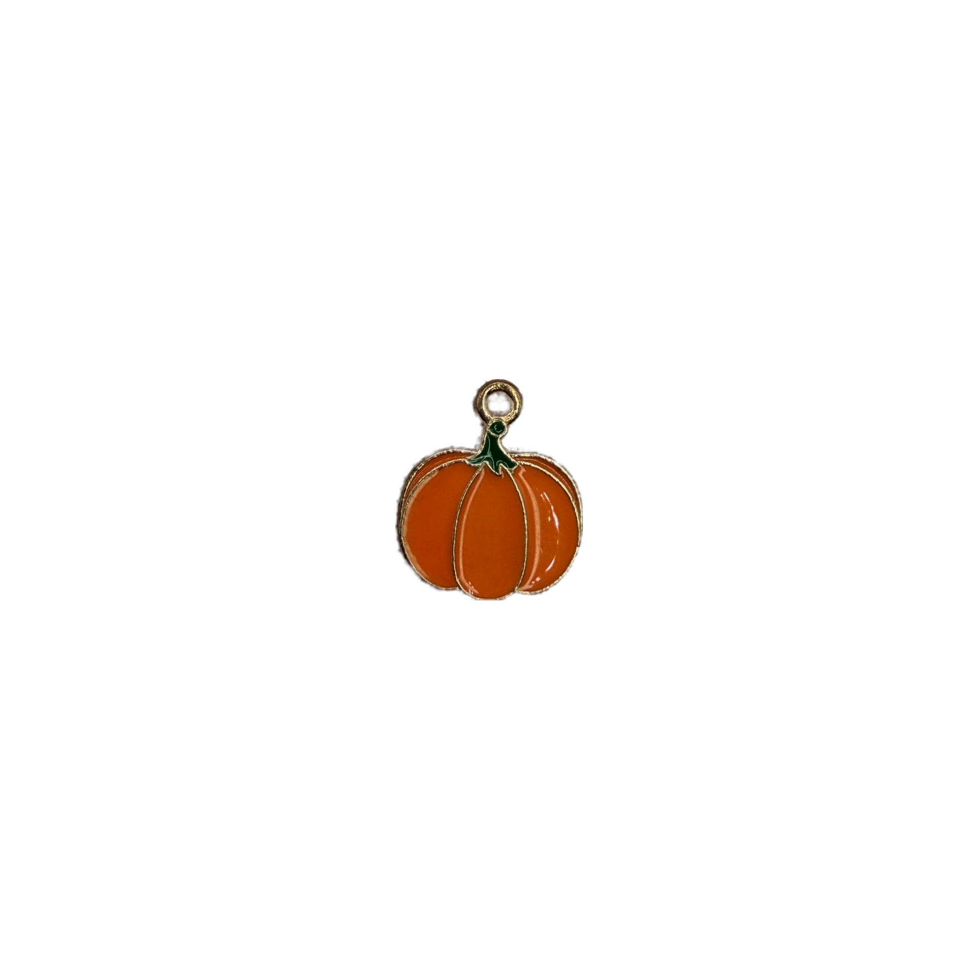 Orange pumpkin enamel charm with green stem and gold outline