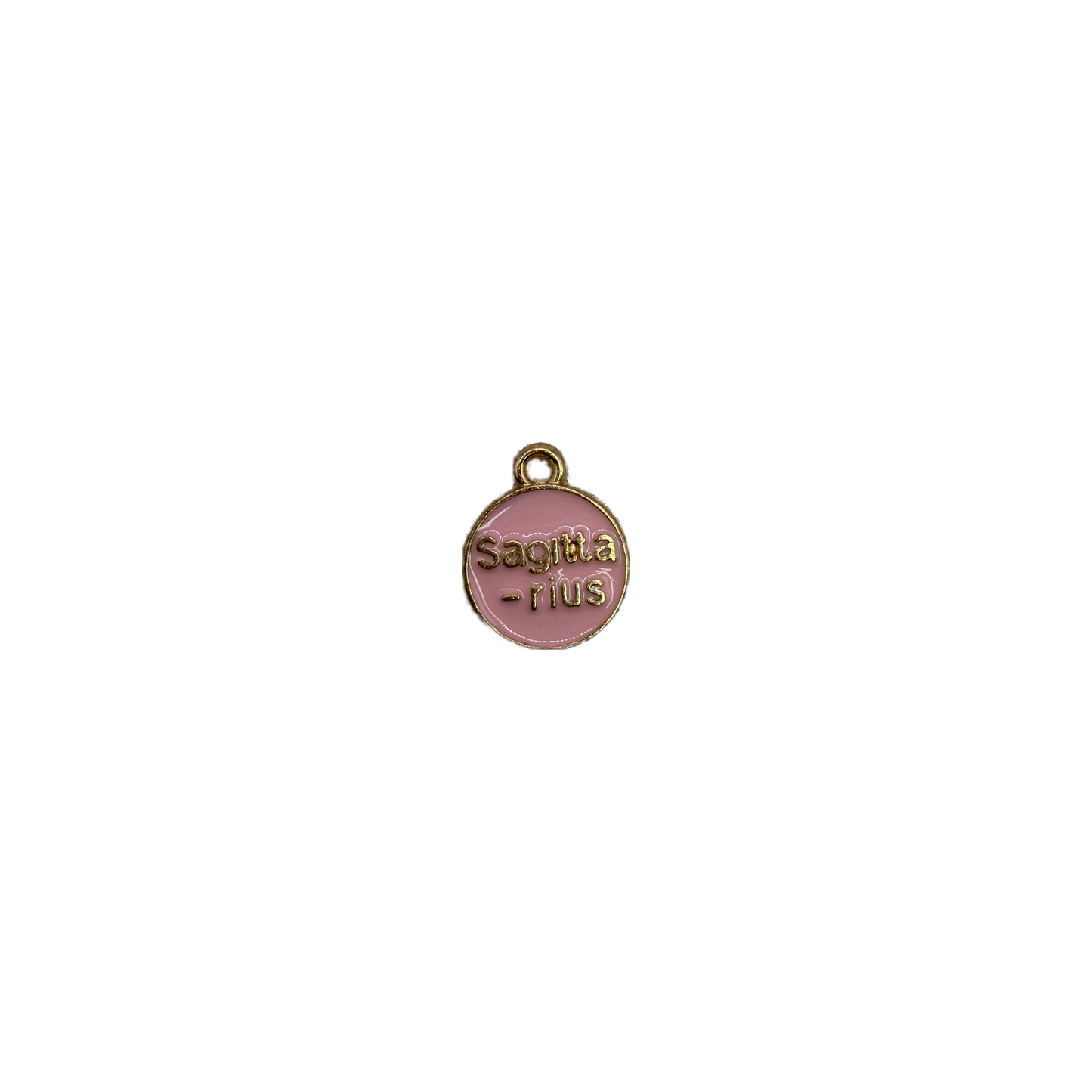 Pink enamel Sagittarius sun coin with raised gold lettering