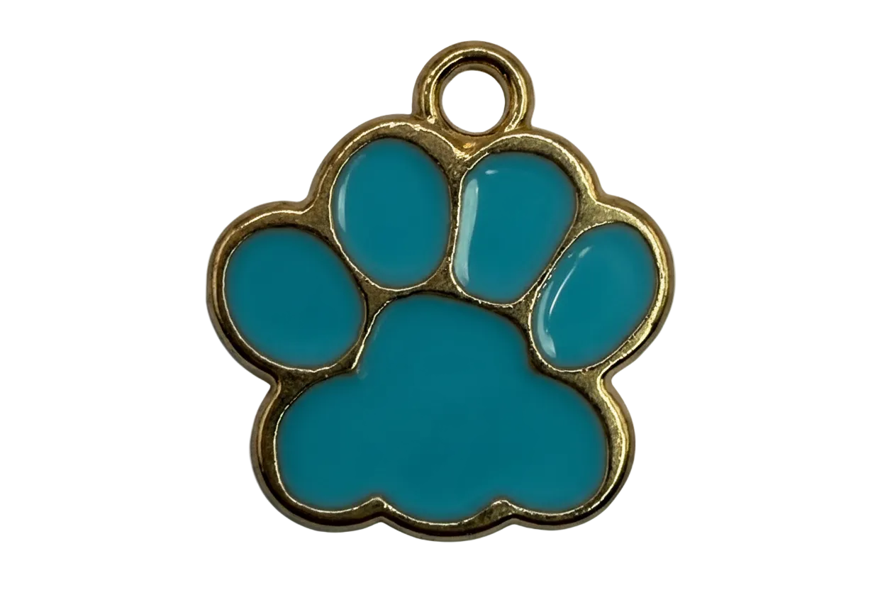 Glossy teal paw print with polished gold outline