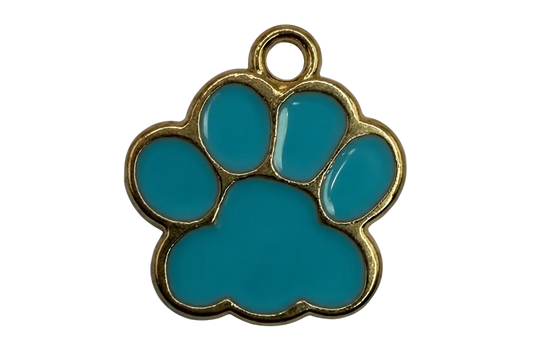 Glossy teal paw print with polished gold outline