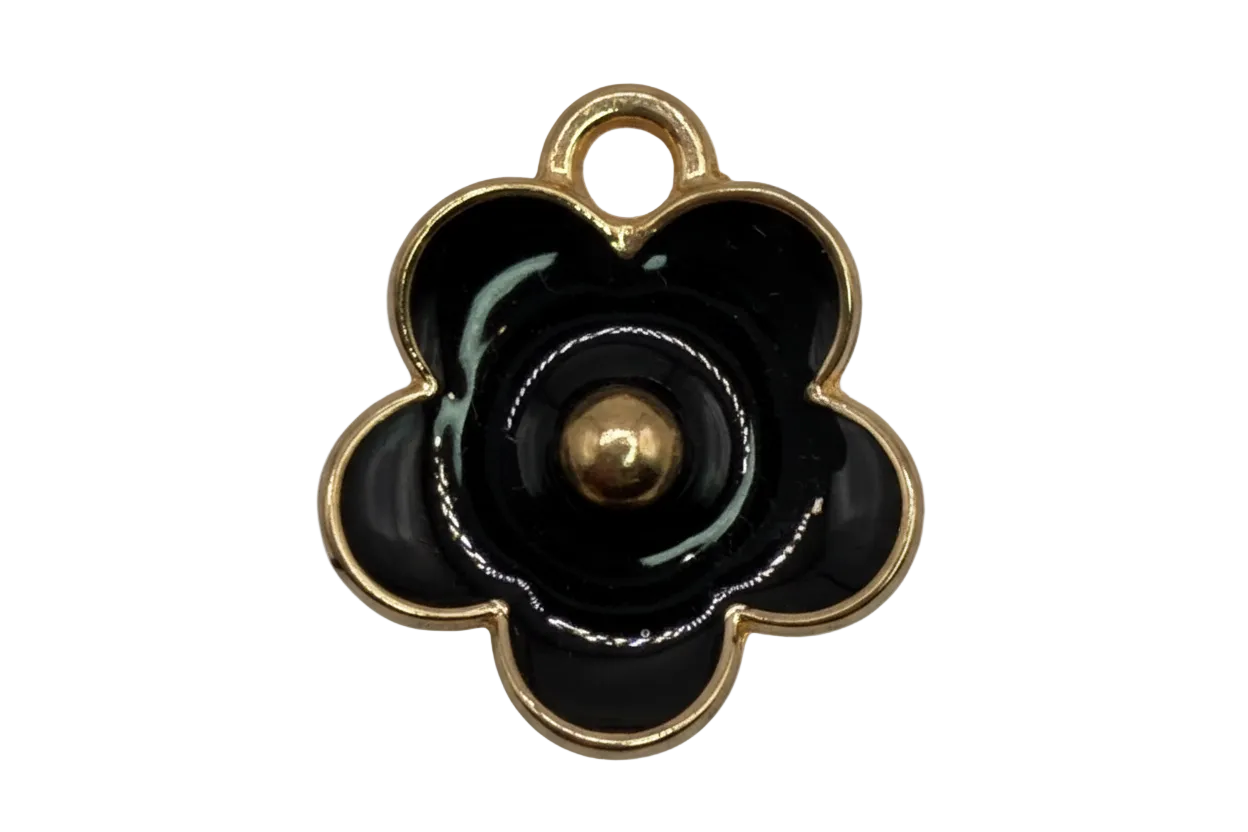 Glossy black flower charm with gold outline, gold center bead, and small clear accent gem