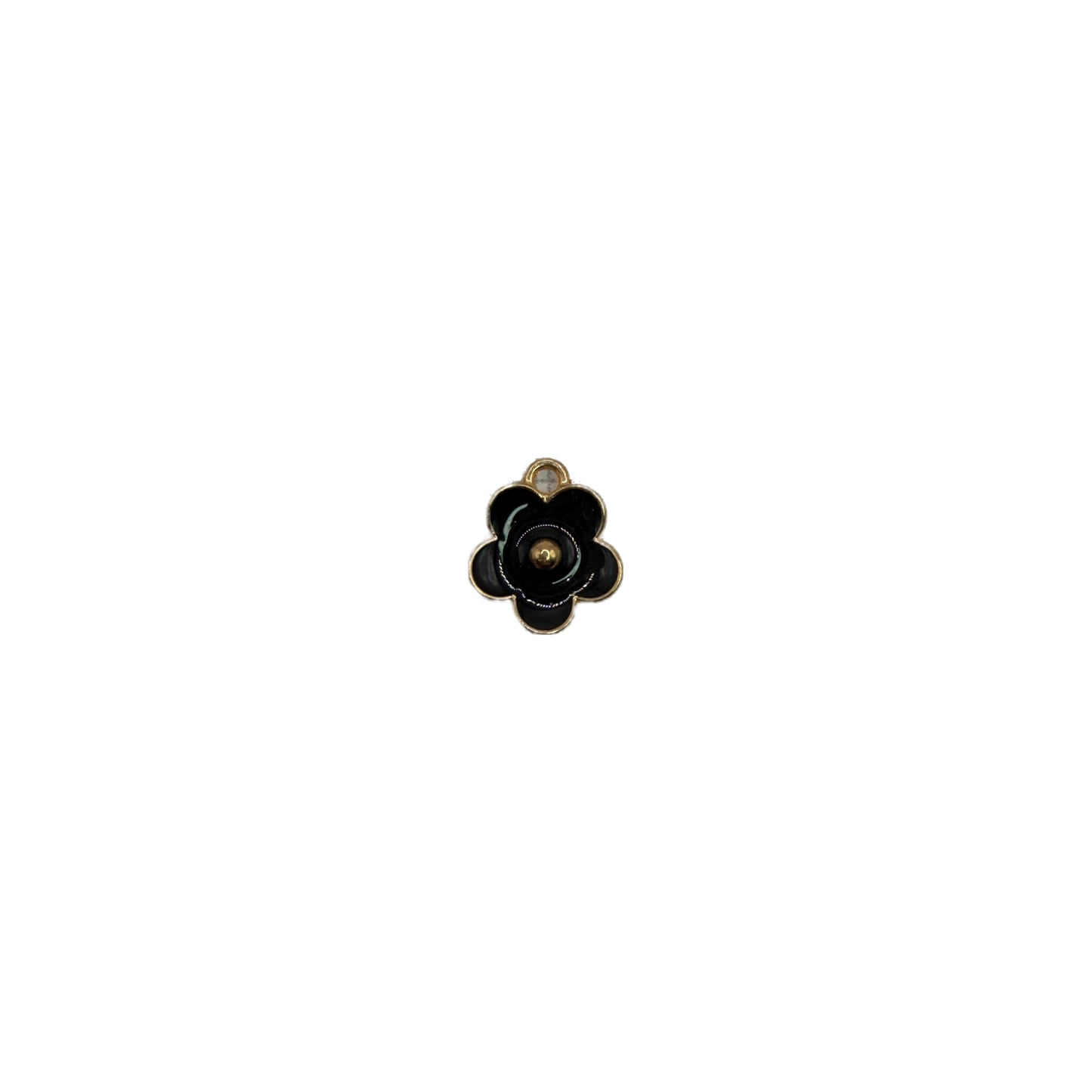 Black flower charm with gold outline and clear accent gem