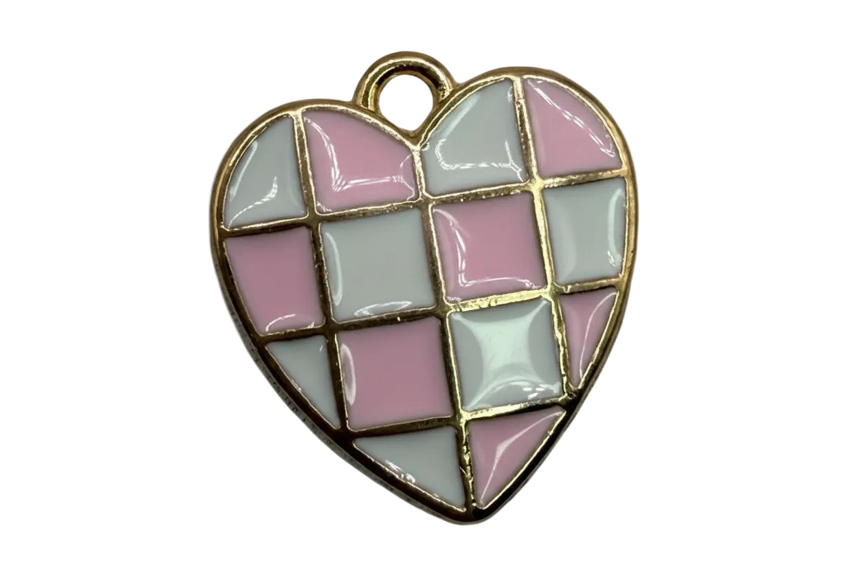 Gold heart with glossy pink and white checkerboard enamel panels