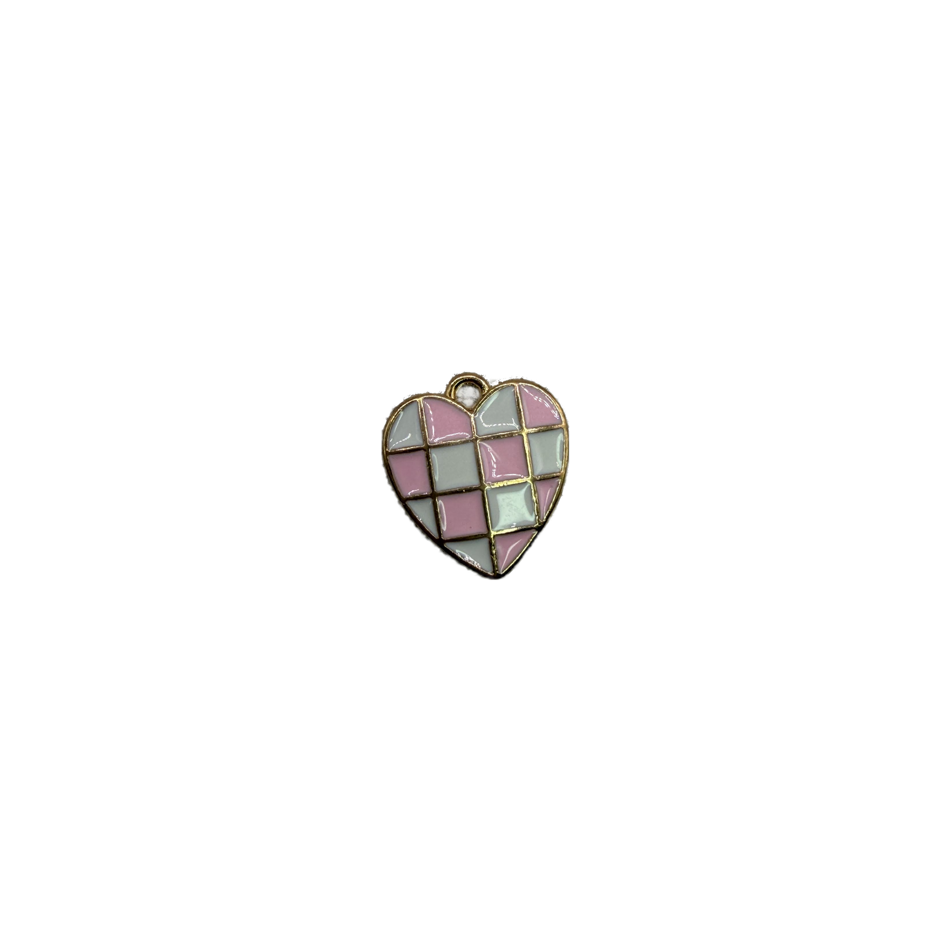 Pink and white checkerboard heart in gold outline