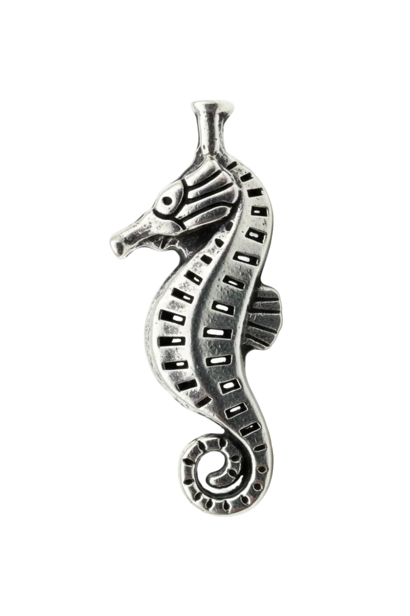 Oxidized silver seahorse charm with cutout detailing and curled tail
