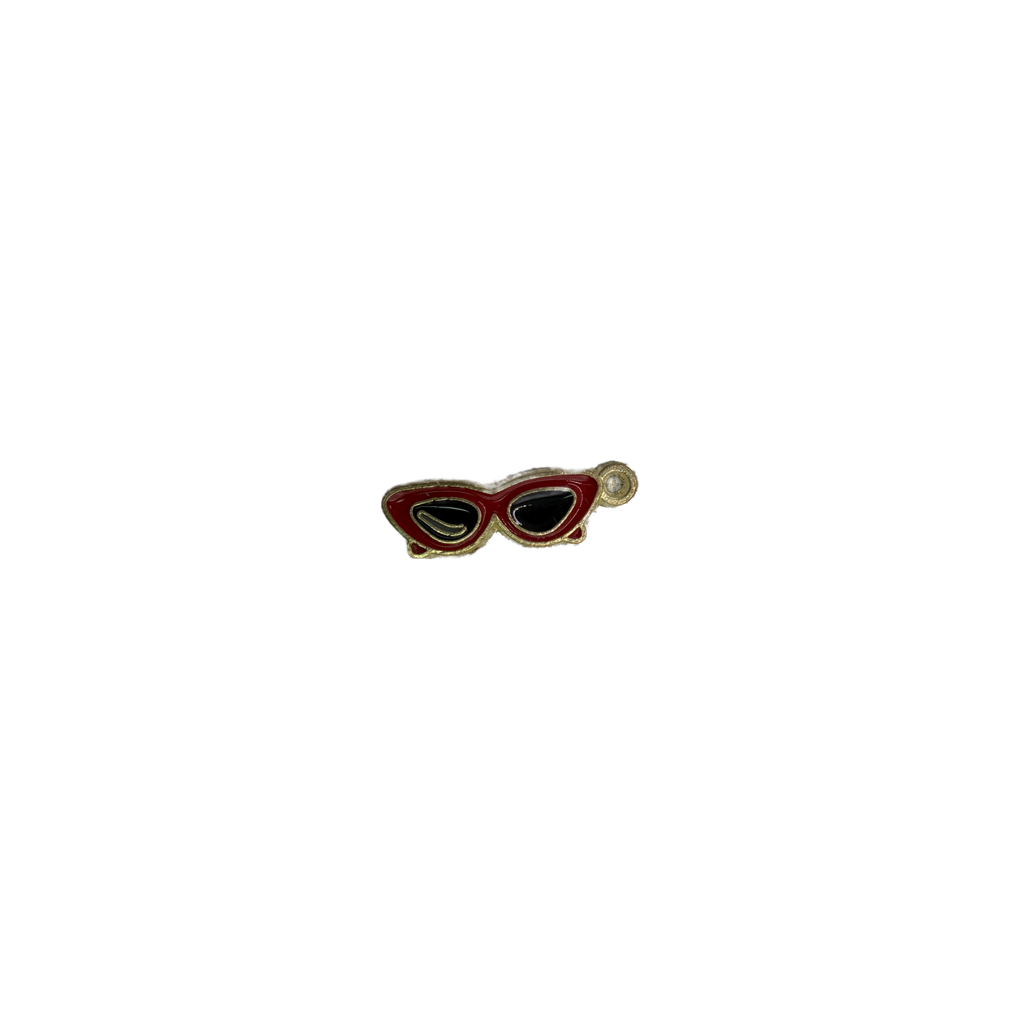 Red cat-eye sunglasses with black lenses, gold outline, clear stone