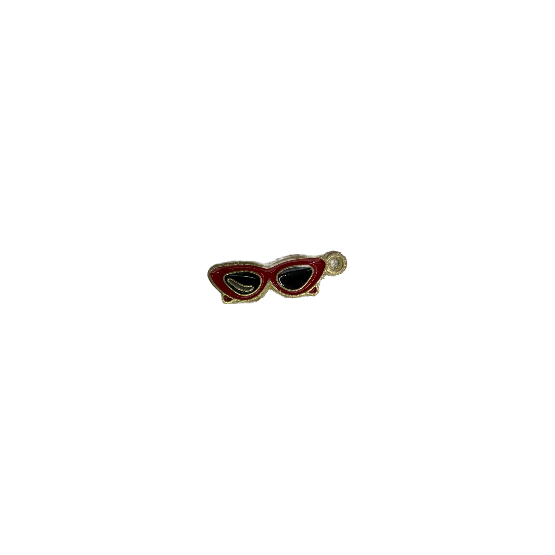 Red cat-eye sunglasses with black lenses, gold outline, clear stone
