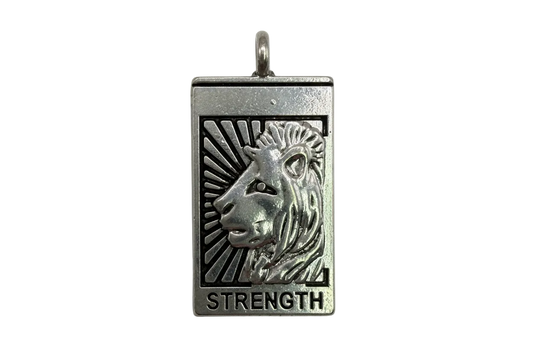 Silver rectangular plaque with raised rhino head, sunburst detail, and “STRENGTH” engraving