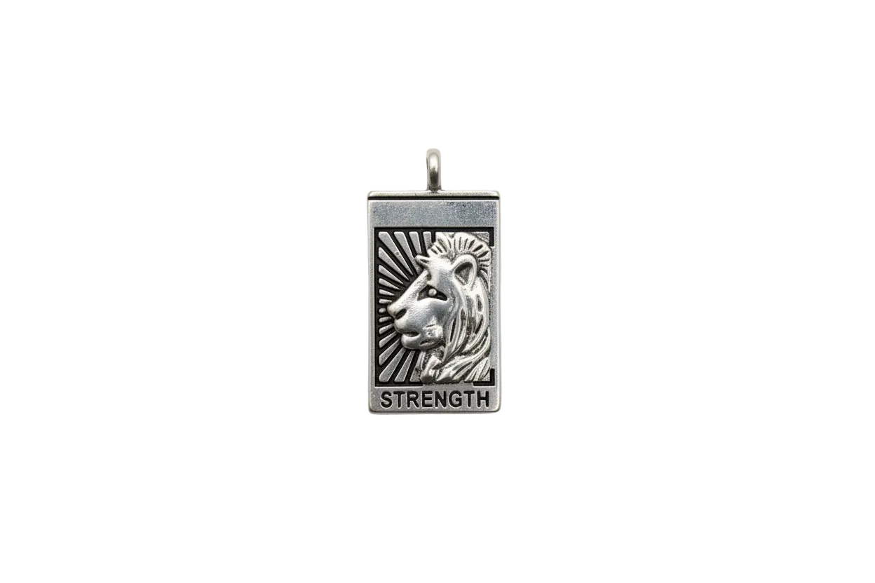 Silver rhino plaque with sunburst and “STRENGTH” text