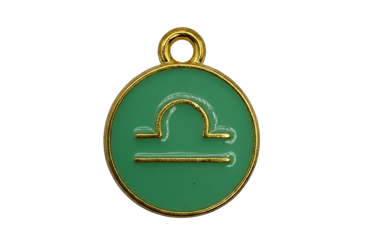 Glossy green enamel initial coin with raised gold letter P and gold rim