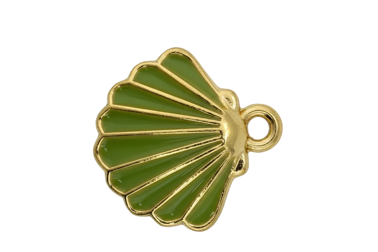 Olive green scallop shell charm with glossy enamel and gold outline
