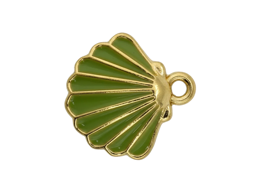 Olive green scallop shell charm with glossy enamel and gold outline