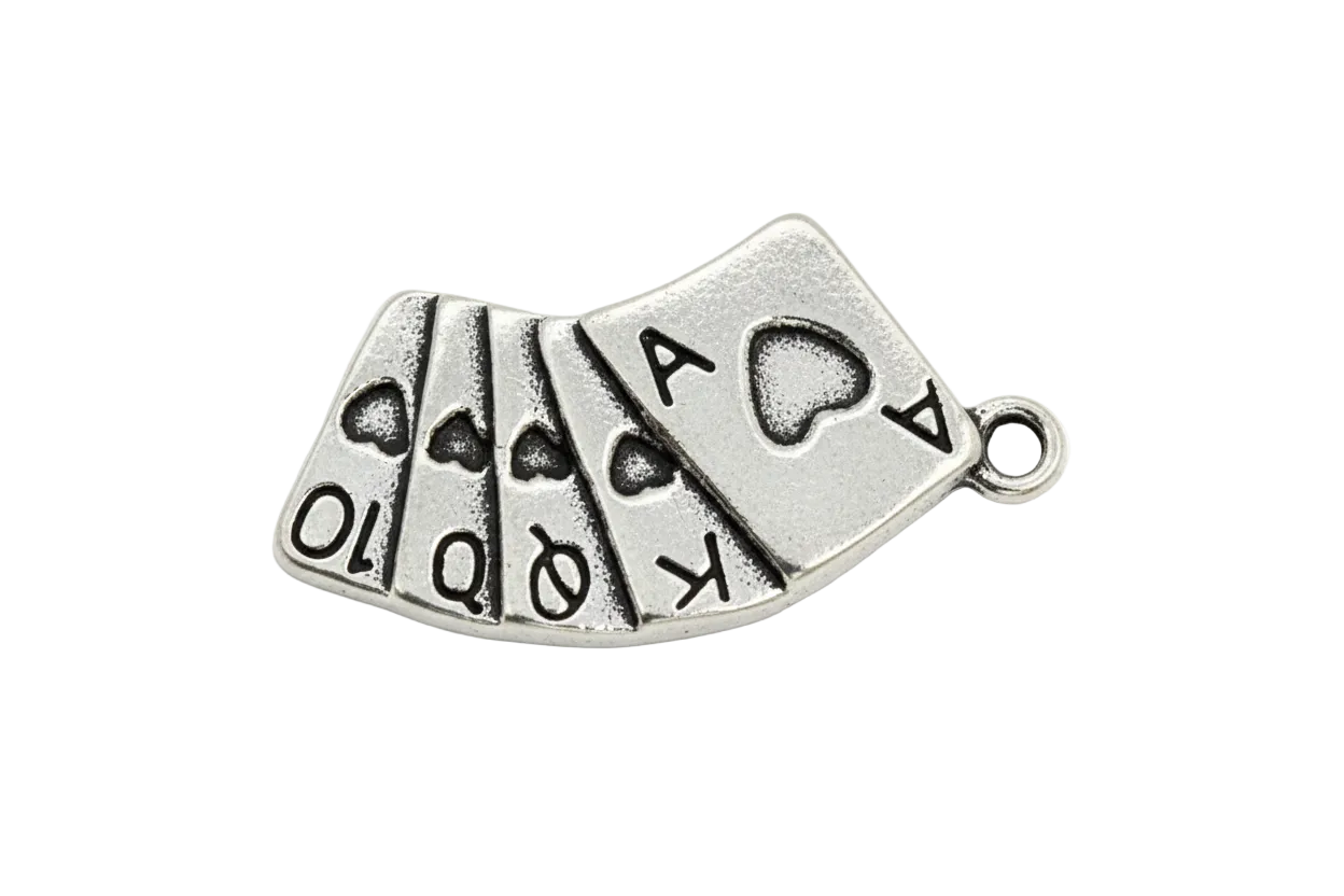 Antique silver fanned playing cards charm with engraved A K Q J and spade symbols