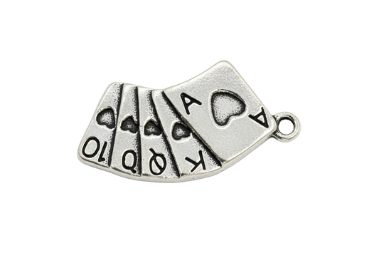 Antique silver fanned playing cards charm with engraved A K Q J and spade symbols