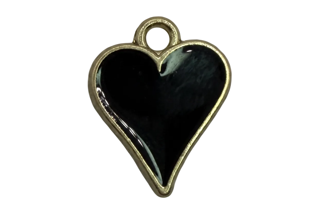 Glossy black heart charm with gold outline and white gem accent