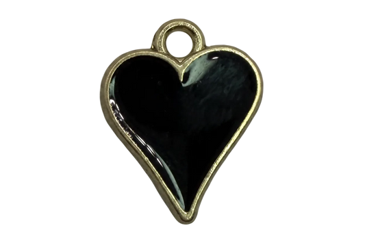 Glossy black heart charm with gold outline and white gem accent