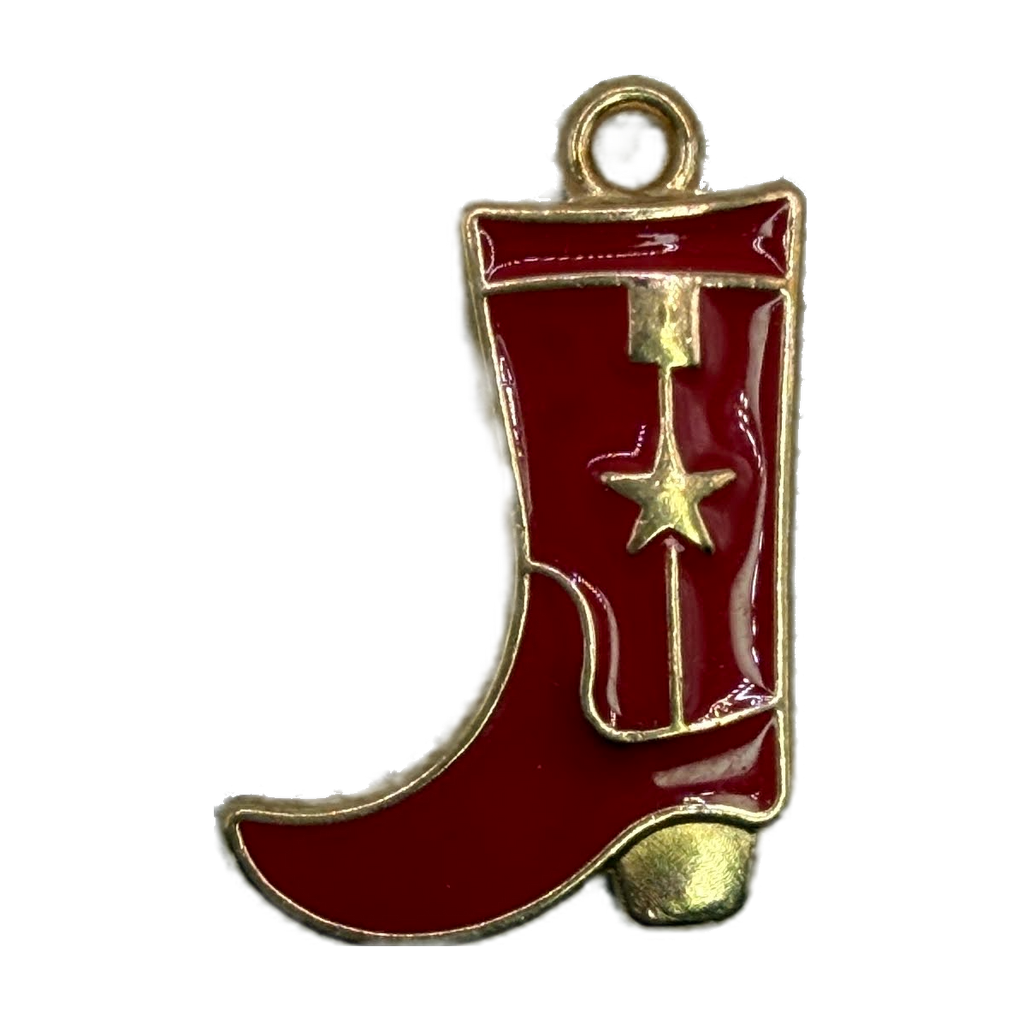 Glossy crimson enamel western boot with gold outline and star detail