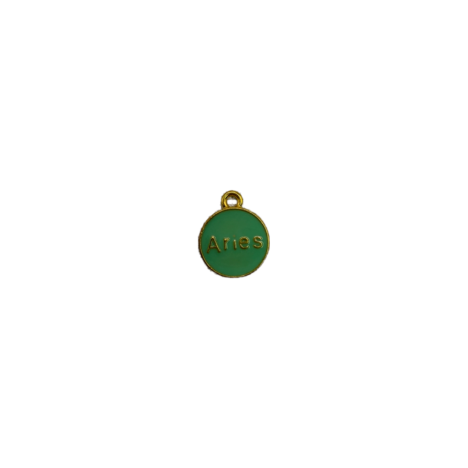 Green Aries enamel medallion with gold lettering