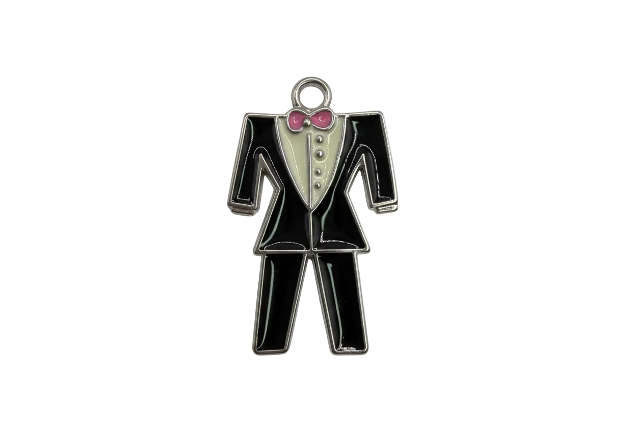 Glossy black tuxedo figure with white shirt and pink bow tie, silver outline