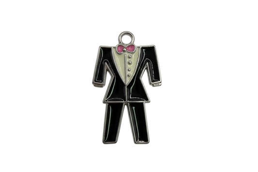 Glossy black tuxedo figure with white shirt and pink bow tie, silver outline