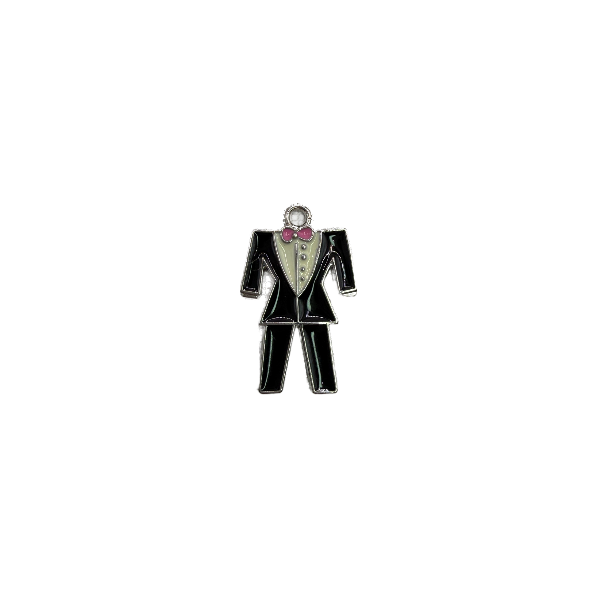 Black tuxedo figure with pink bow tie, silver outline
