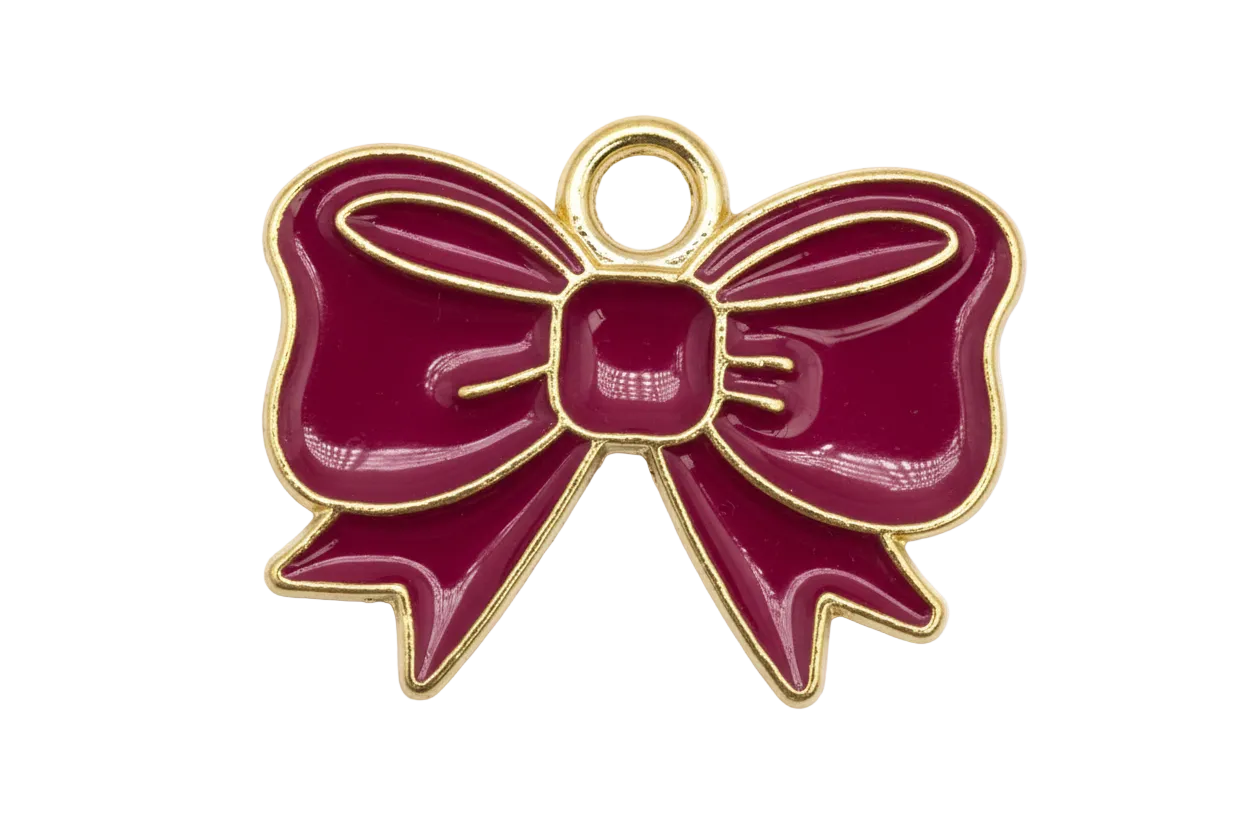 Glossy fuchsia enamel ribbon bow with gold outline