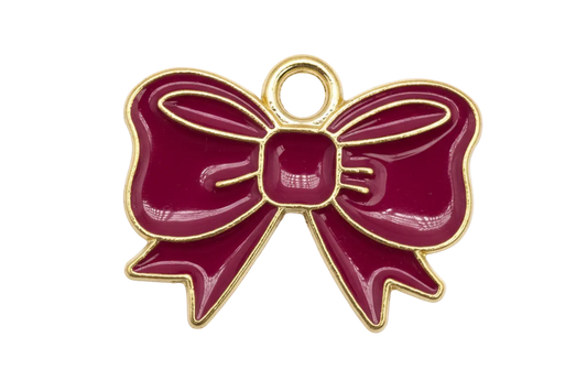 Glossy fuchsia enamel ribbon bow with gold outline