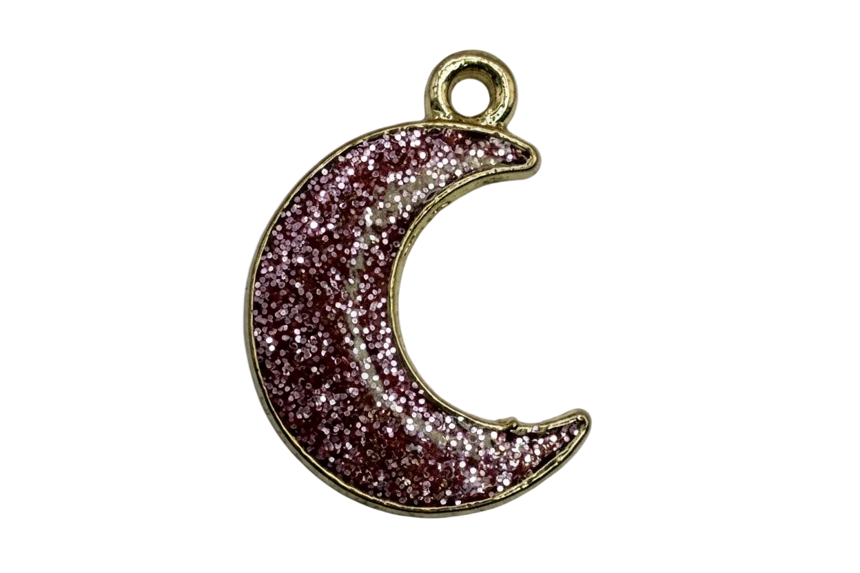 Glitter pink crescent moon pendant with gold outline