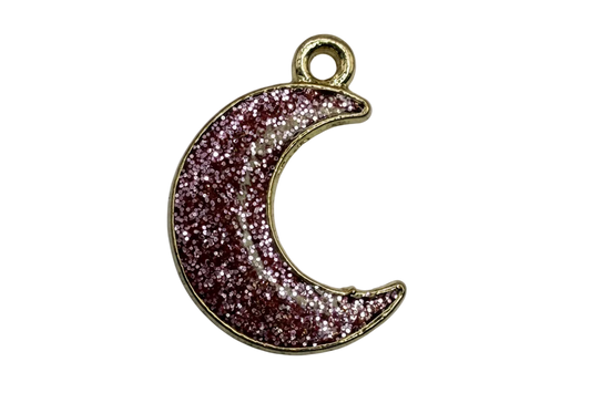 Glitter pink crescent moon pendant with gold outline