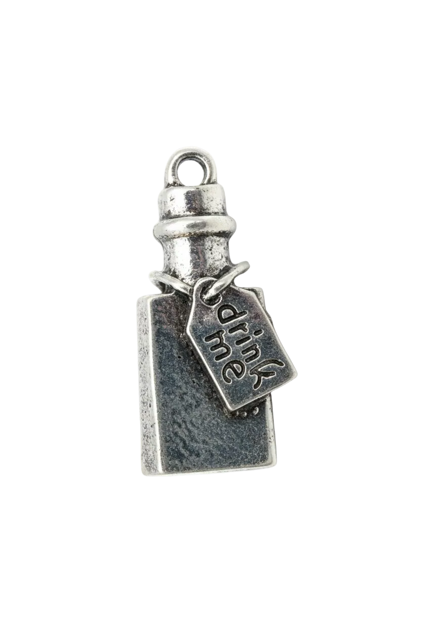 Antiqued silver bottle charm with engraved “drink me” tag