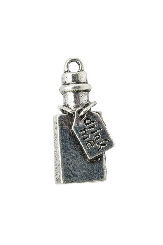Antiqued silver bottle charm with engraved “drink me” tag