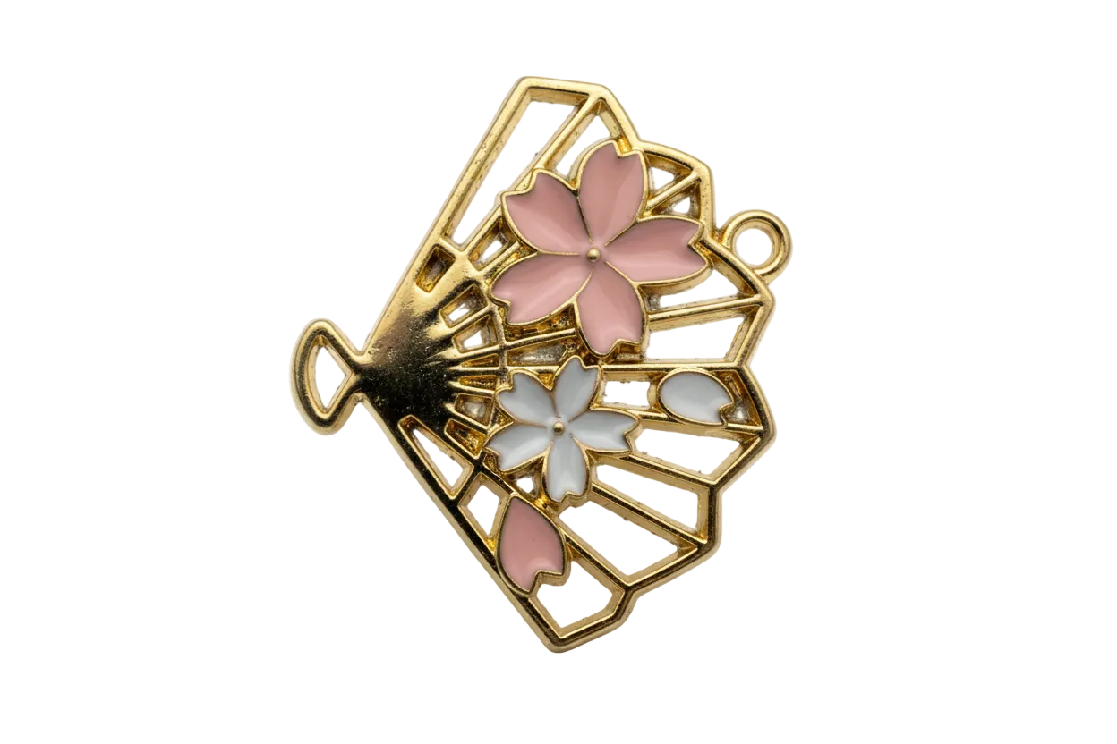 Gold openwork hand amulet with blush pink and white enamel flowers