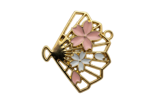 Gold openwork hand amulet with blush pink and white enamel flowers