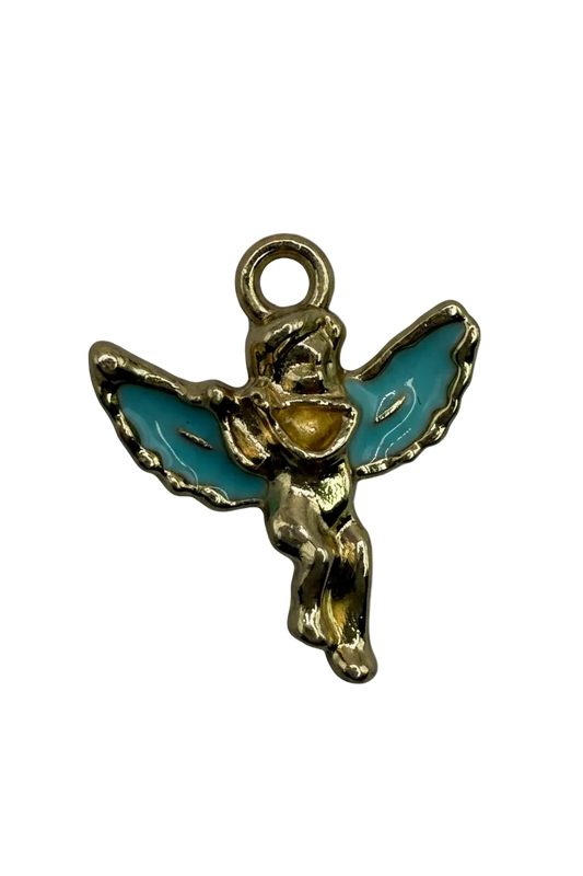 Gold bee charm with glossy turquoise enamel wings on a black background