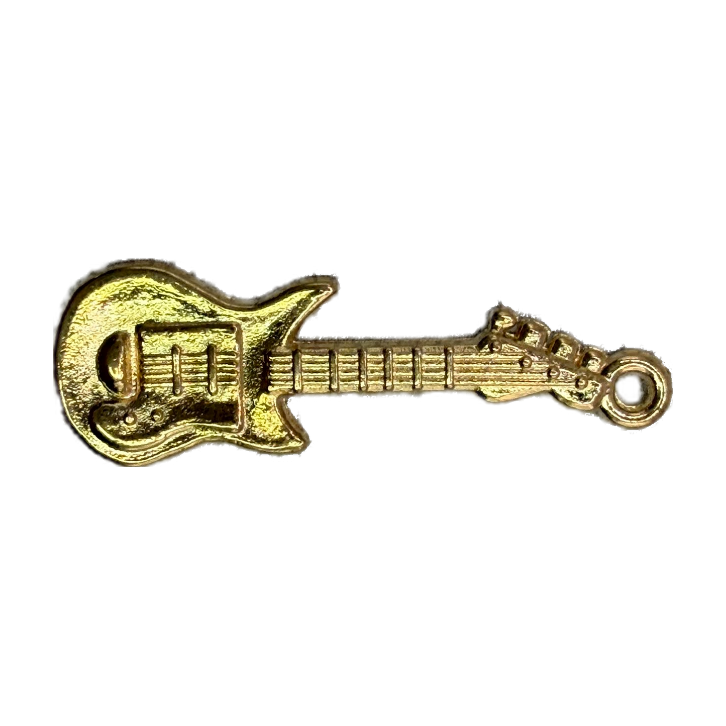 Gold electric guitar charm with textured detailing and frets