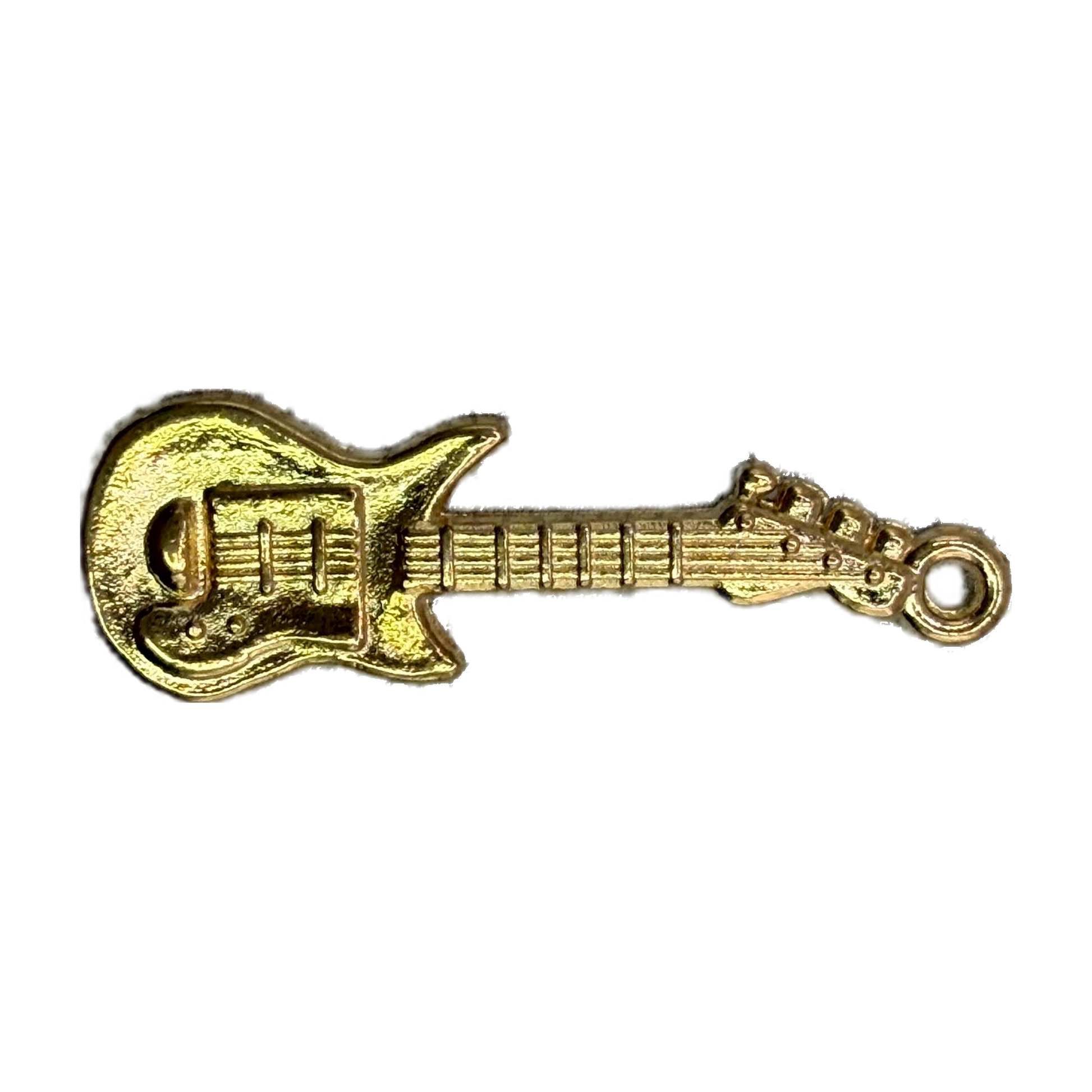 Gold electric guitar charm with textured detailing and frets