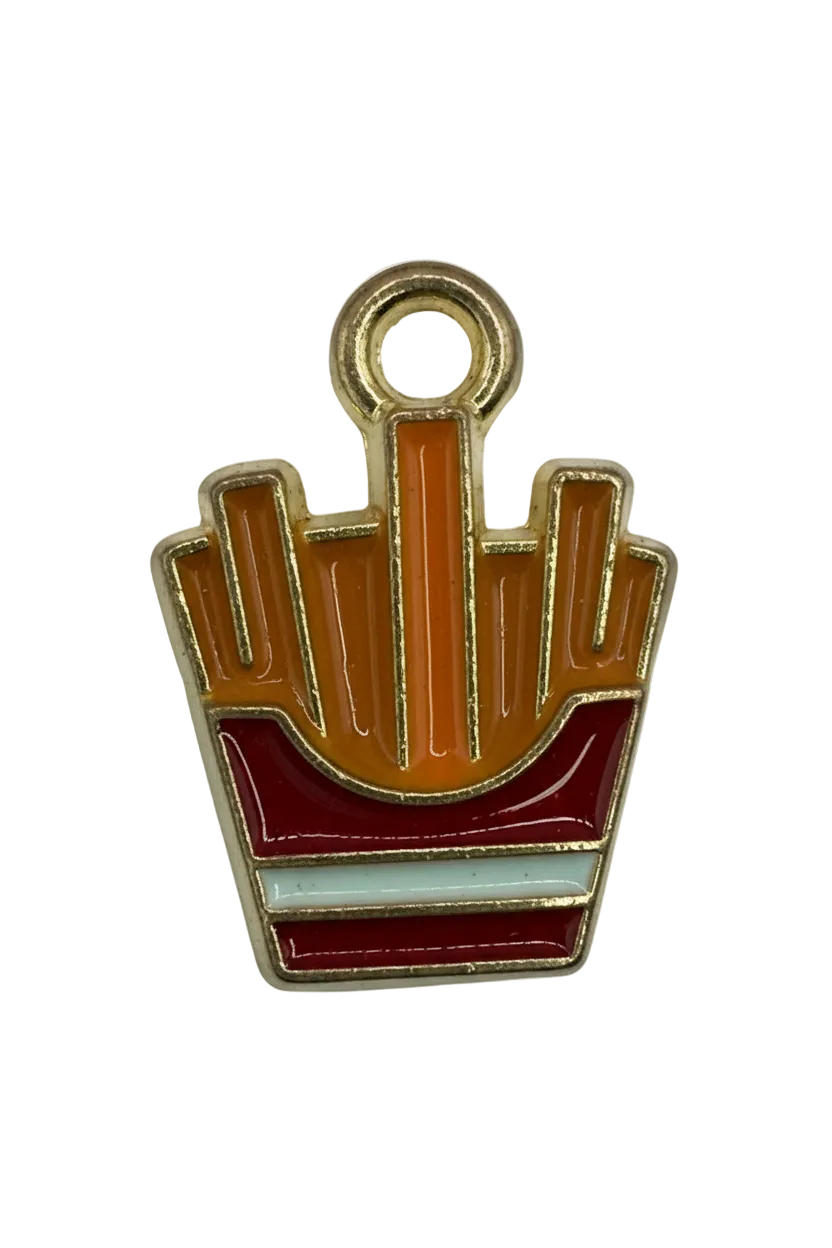 Gold-tone enamel charm featuring an orange hand holding a red book with a white stripe