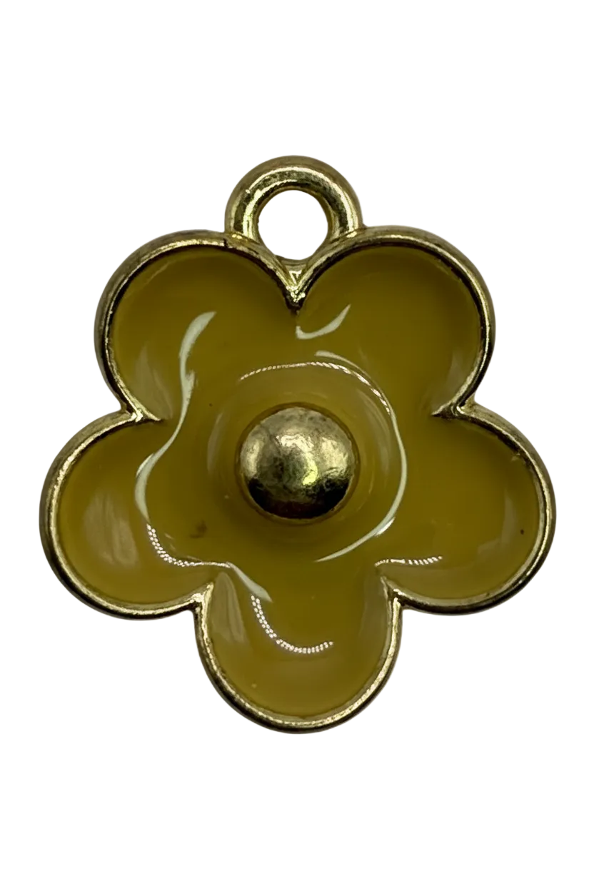Olive green enamel flower with gold outline, domed gold center, and small clear gem accent