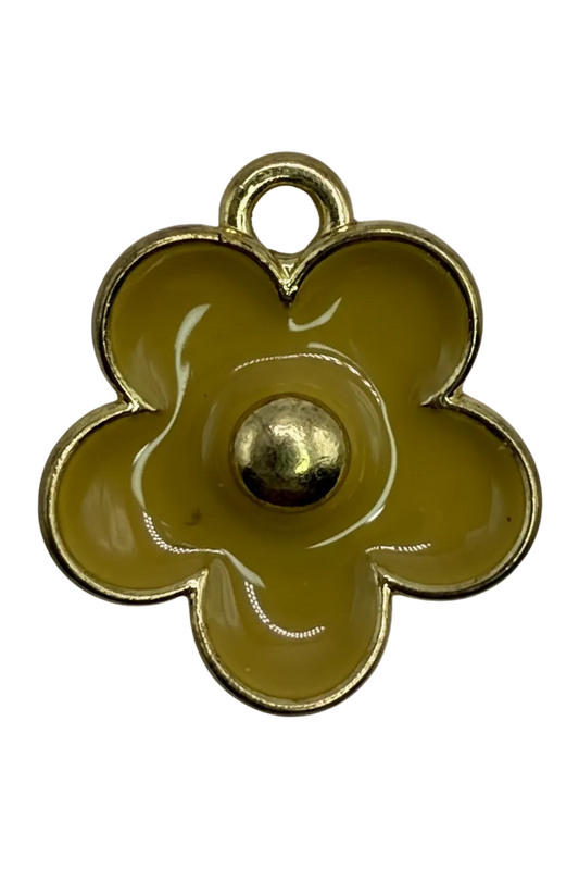 Olive green enamel flower with gold outline, domed gold center, and small clear gem accent