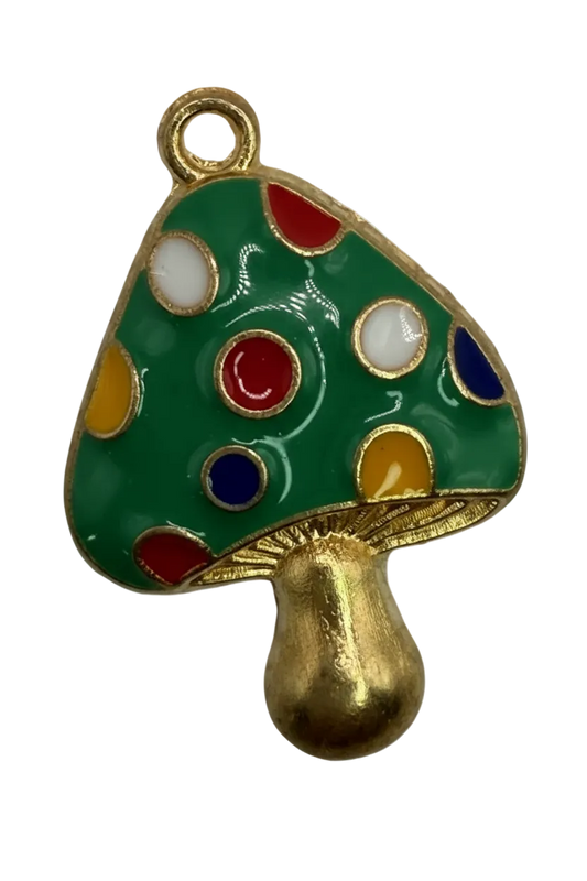 Gold Christmas tree charm with glossy green enamel and red, blue, white, and yellow ornament dots