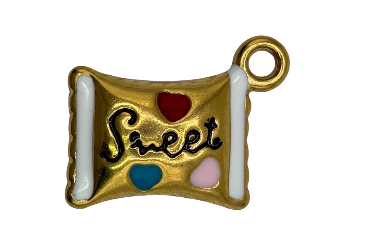 Gold scroll charm with "Sweet" script and enamel hearts in red, blue, and pink