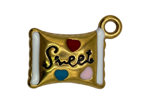 Gold scroll charm with "Sweet" script and enamel hearts in red, blue, and pink