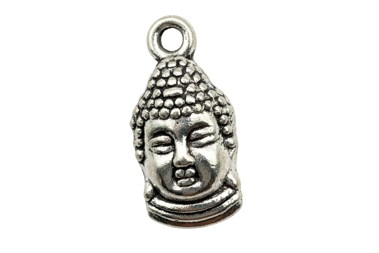Oxidized silver-tone Buddha head charm with detailed face and textured hair